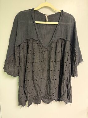 Free People Black Eyelet V-Neck Boho Tunic
